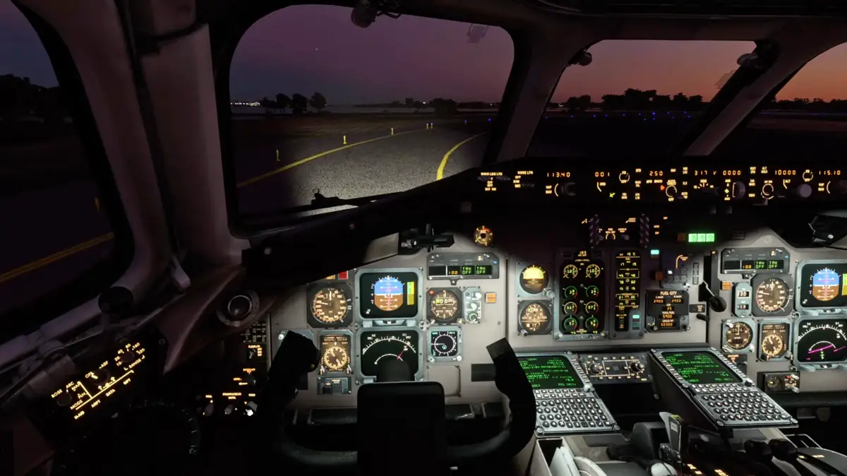 Watch the Fly the Maddog X MD-80 takeoff into the dusk in Microsoft Flight Simulator