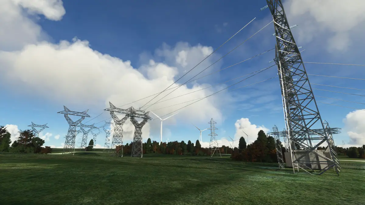 This freeware mod adds powerlines and solar farms to Microsoft Flight Simulator