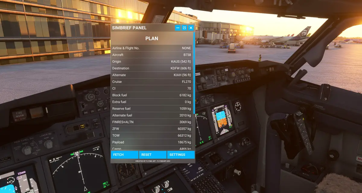 SimBrief Panel shows your flight plan data in a simple window inside MSFS