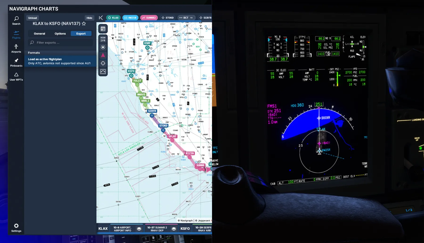 Navigraph Charts In Game Panel export flight plan