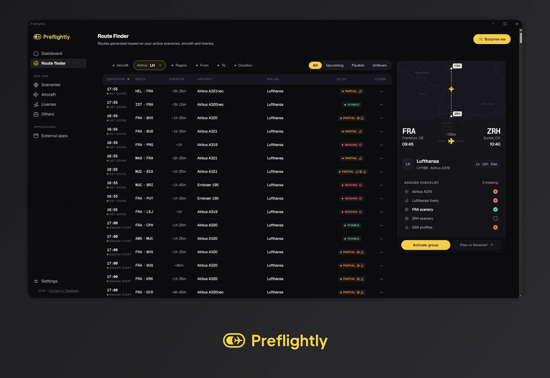 Preflightly is a free MSFS 2024 Add-on Manager with a Route Finder that knows what your hangar can fly 2 preflighty msfs addon manager 2